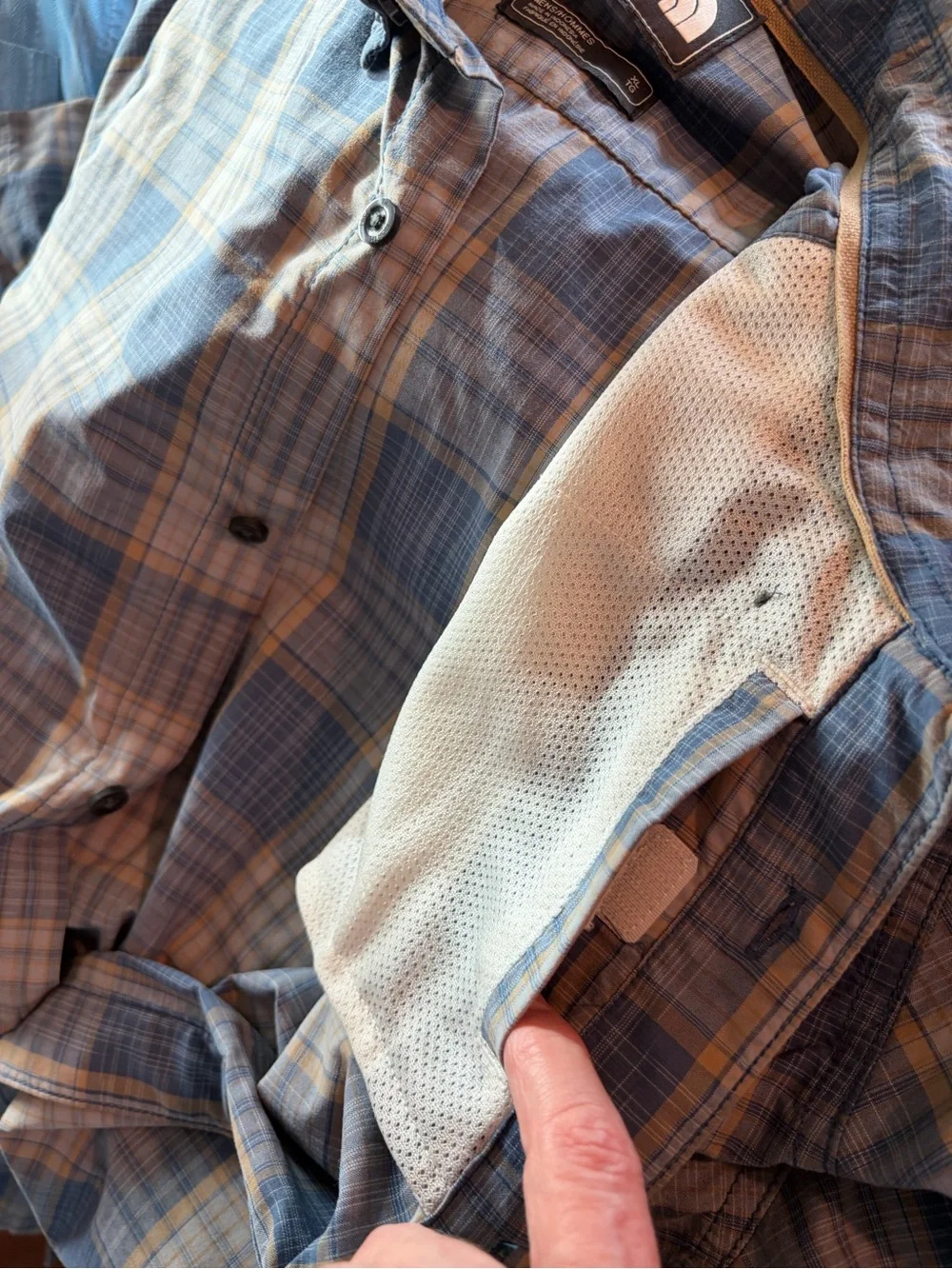 The North Face Men's Blue and Tan Plaid Button-Down Shirt